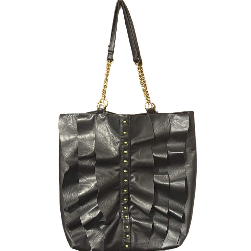 DSW Ruffled Black and Gold Tote Bag/Purse with Chain-Link Straps